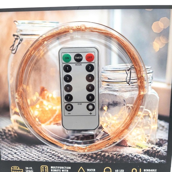 Copper Wire Lights Warm White 20.2 Ft 60 LED 8 Modes Home Yard School Office - Picture 3 of 7